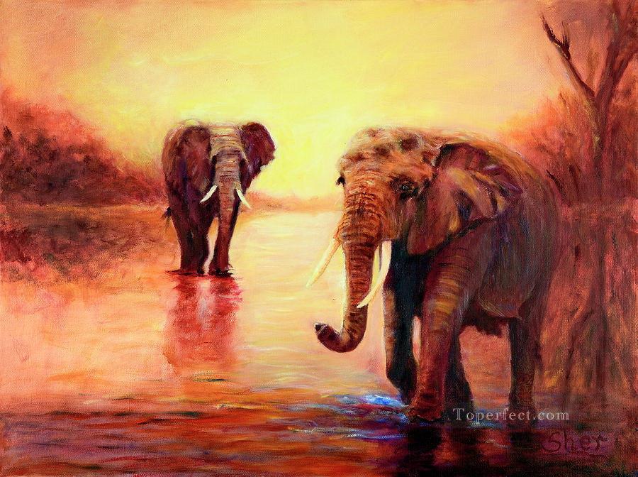 african elephants at sunset in the serengeti sher nasser Oil Paintings